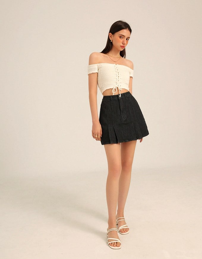 【Den!m LITE】Denim SKORT with Corset Waistline Extra High Waisted Pleated Jeans