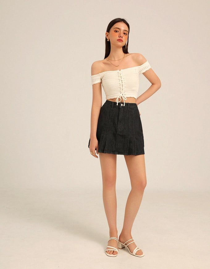 【Den!m LITE】Denim SKORT with Corset Waistline Extra High Waisted Pleated Jeans