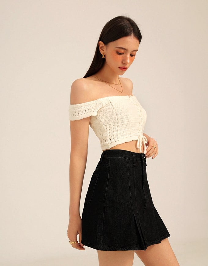 【Den!m LITE】Denim SKORT with Corset Waistline Extra High Waisted Pleated Jeans
