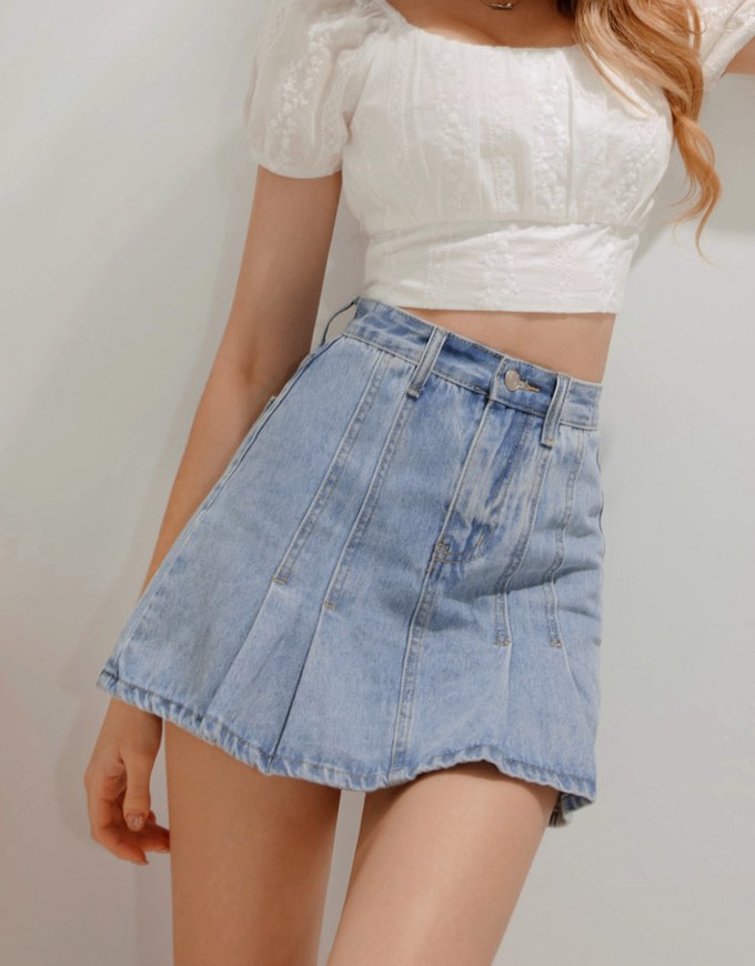 【Den!m LITE】Denim SKORT with Corset Waistline Extra High Waisted Pleated Jeans