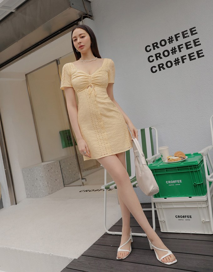 French Embroidered Hollow Tie Mini Dress