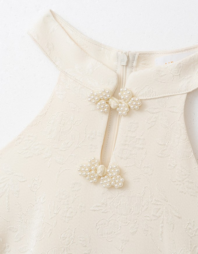 Qipao DRESS Pearl Embellished Cut Out Shoulder Cheongsam Mini Dress