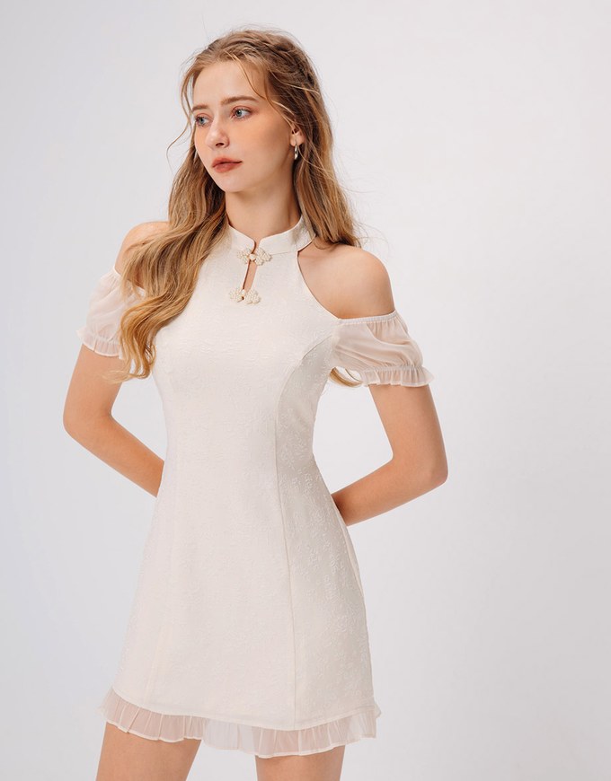 Qipao DRESS Pearl Embellished Cut Out Shoulder Cheongsam Mini Dress