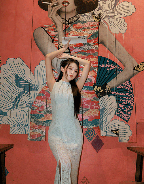 【HXA Design】Qipao DRESS Sheer Lace Side Slit Cheongsam Maxi Dress H04
