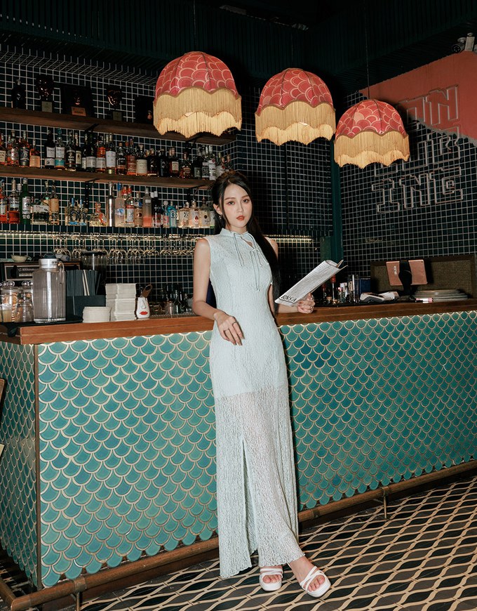 【HXA Design】Qipao DRESS Sheer Lace Side Slit Cheongsam Maxi Dress H04