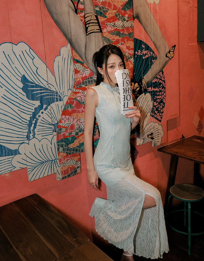 【HXA Design】Qipao DRESS Sheer Lace Side Slit Cheongsam Maxi Dress H04