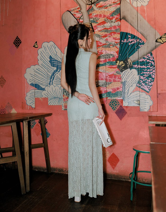 【HXA Design】Qipao DRESS Sheer Lace Side Slit Cheongsam Maxi Dress H04