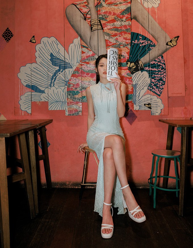 【HXA Design】Qipao DRESS Sheer Lace Side Slit Cheongsam Maxi Dress H04
