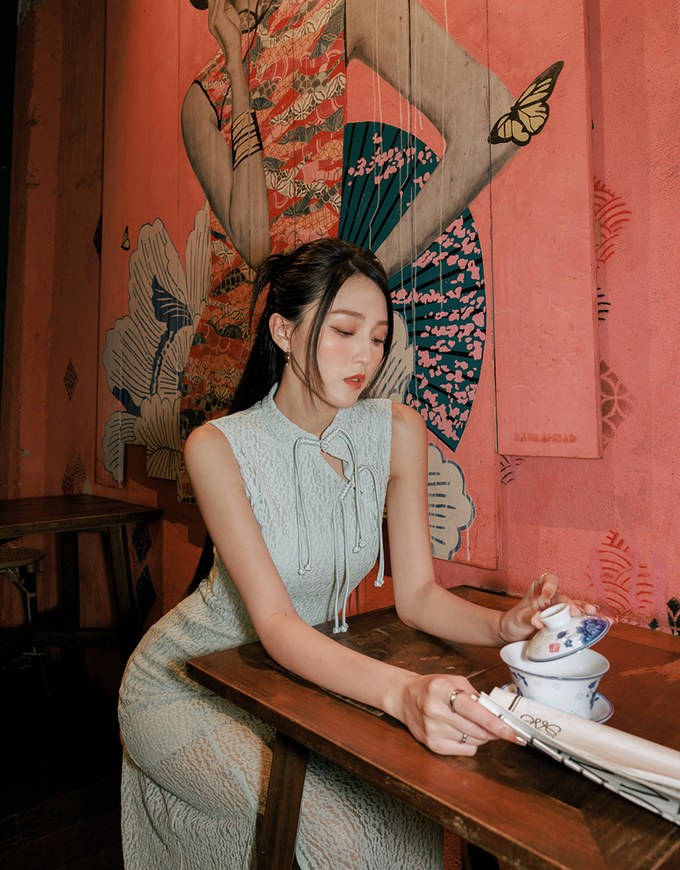 【HXA Design】Qipao DRESS Sheer Lace Side Slit Cheongsam Maxi Dress H04