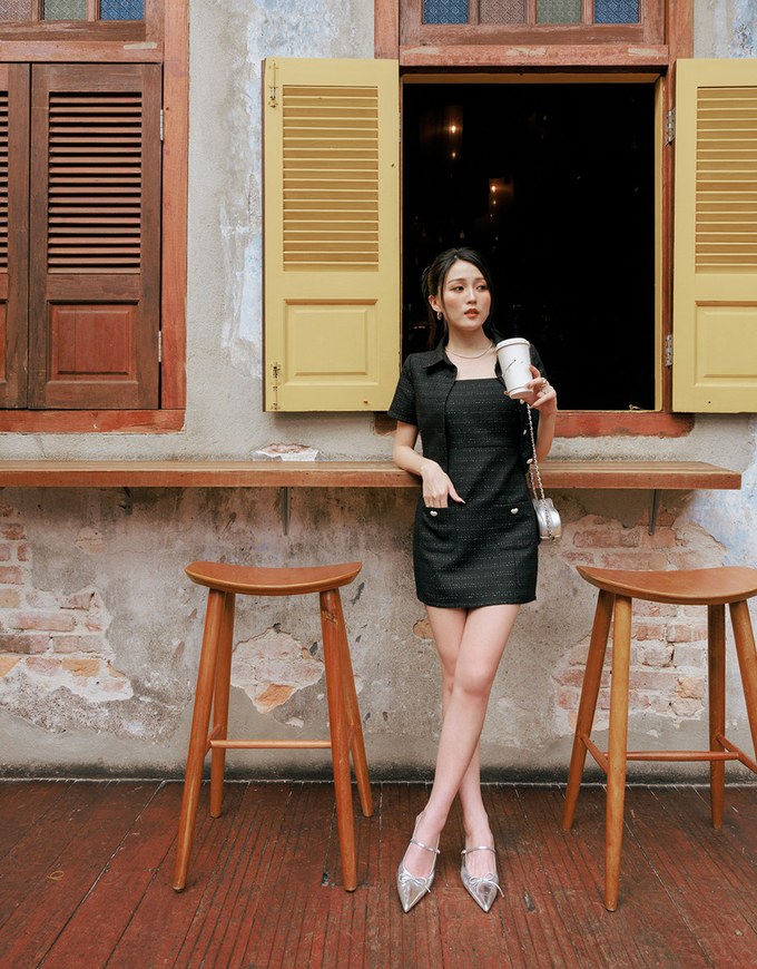 【HXA Design】3 WAY Chic Tweed Cami Mini Dress With Pearl Strap H10