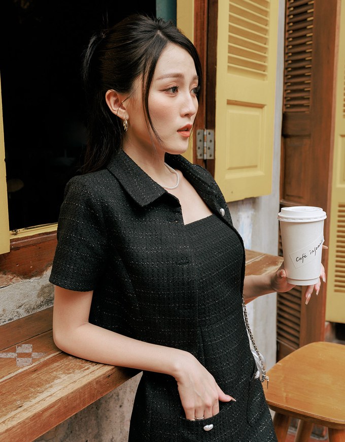 【HXA Design】3 WAY Chic Tweed Cami Mini Dress With Pearl Strap H10