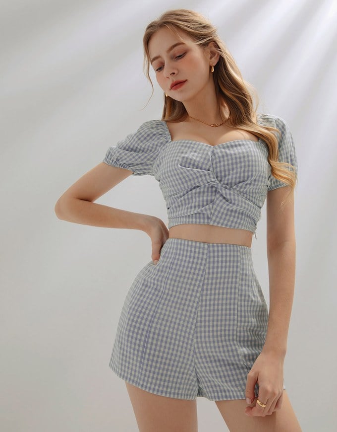SET WEAR of TOP and SHORTS French Checkered Prints Twisted Design ( Cotton Synthetics)