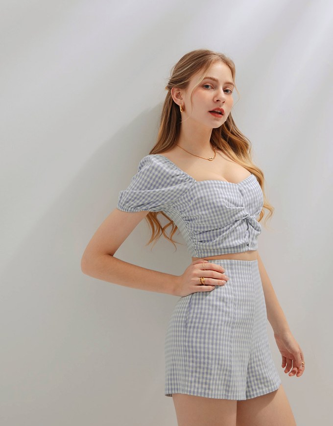 SET WEAR of TOP and SHORTS French Checkered Prints Twisted Design ( Cotton Synthetics)