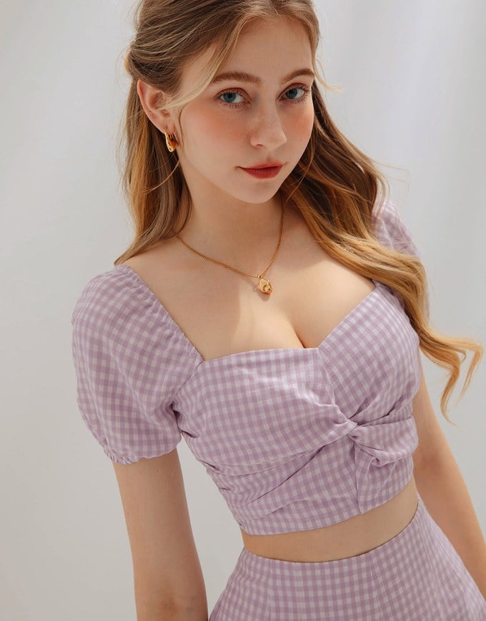SET WEAR of TOP and SHORTS French Checkered Prints Twisted Design ( Cotton Synthetics)