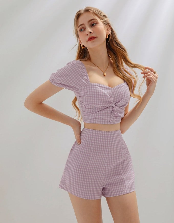 SET WEAR of TOP and SHORTS French Checkered Prints Twisted Design ( Cotton Synthetics)