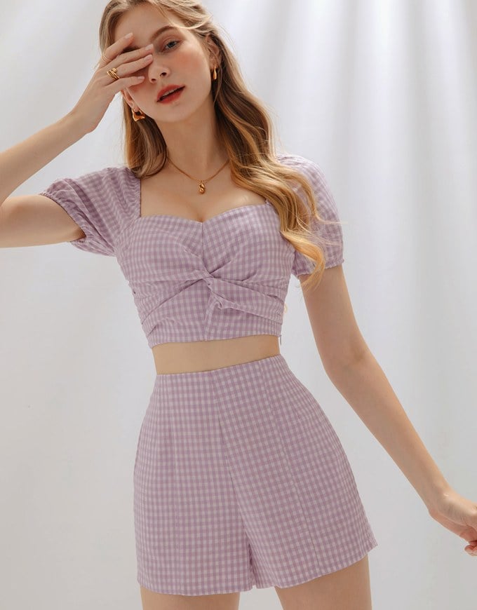 SET WEAR of TOP and SHORTS French Checkered Prints Twisted Design ( Cotton Synthetics)