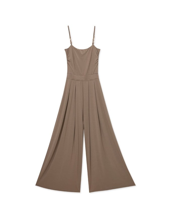 Asymmetric Gold-Trimmed Silky Jumpsuit