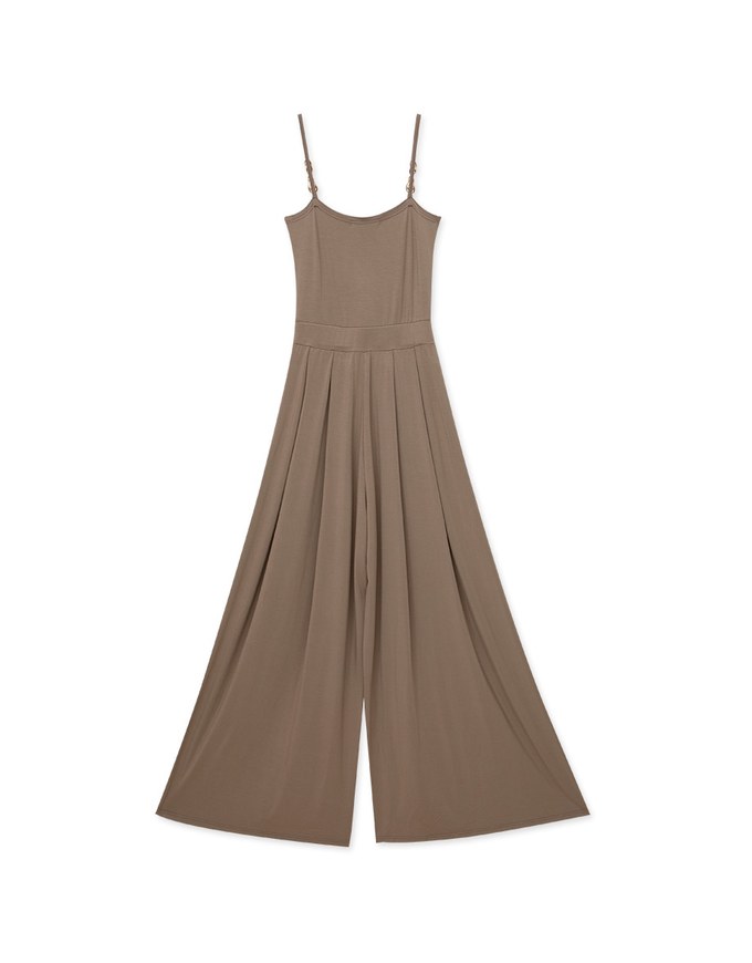 Asymmetric Gold-Trimmed Silky Jumpsuit