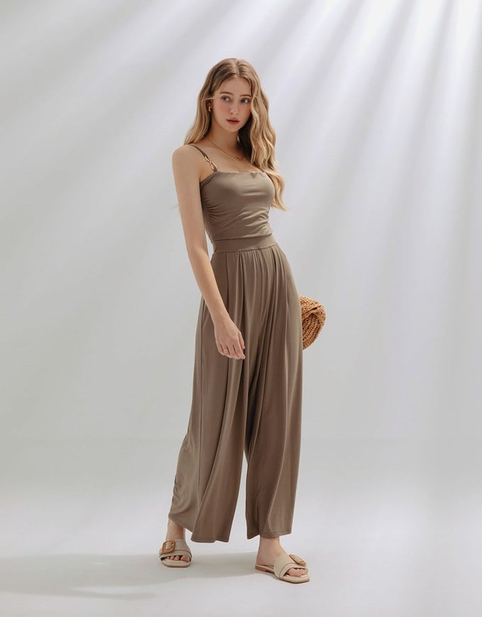 Asymmetric Gold-Trimmed Silky Jumpsuit