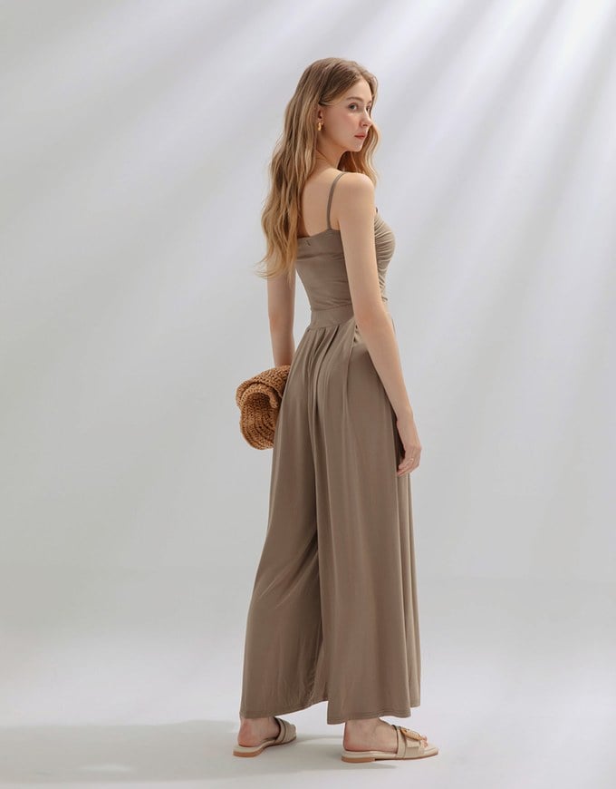 Asymmetric Gold-Trimmed Silky Jumpsuit