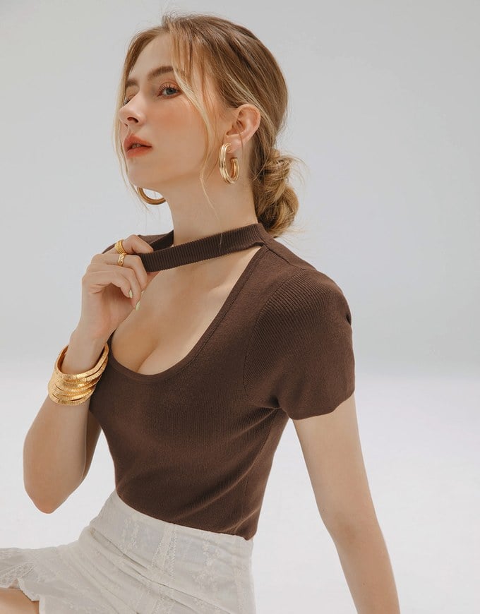 U Neck Halter Hollow Out Knit Top