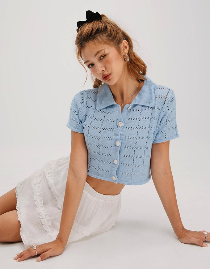 Eyelet Knit Collared Blouse Shirt