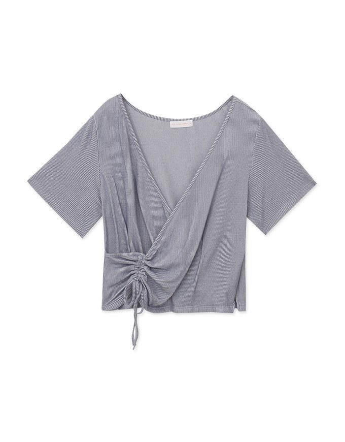 V Neck Side Drawstring Ribbed Top