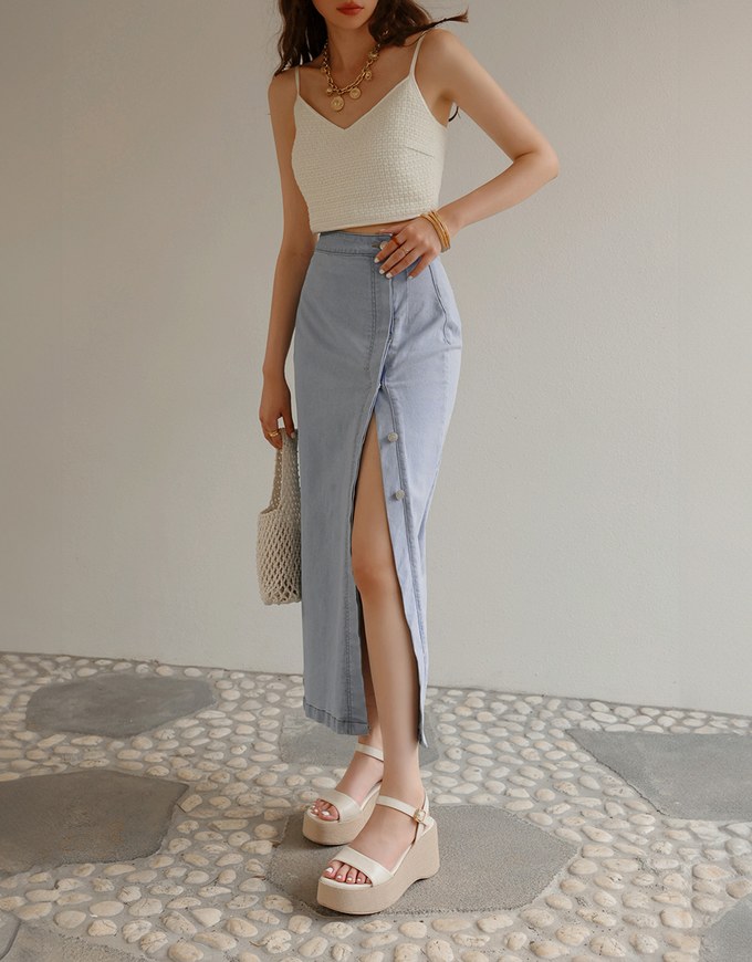 【Den!m LITE】Perfect Waistline Midi Skirt Botton Down Extra High Waisted Denim Jeans Long Skirt