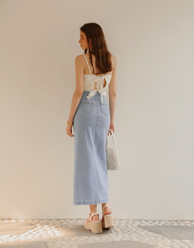 【Den!m LITE】Perfect Waistline Midi Skirt Botton Down Extra High Waisted Denim Jeans Long Skirt