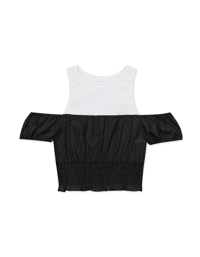 Patchwork Cut Off Shoulder Bubble Sleeve Top
