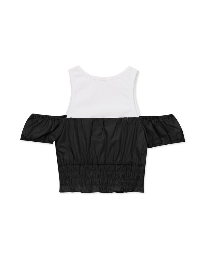 Patchwork Cut Off Shoulder Bubble Sleeve Top