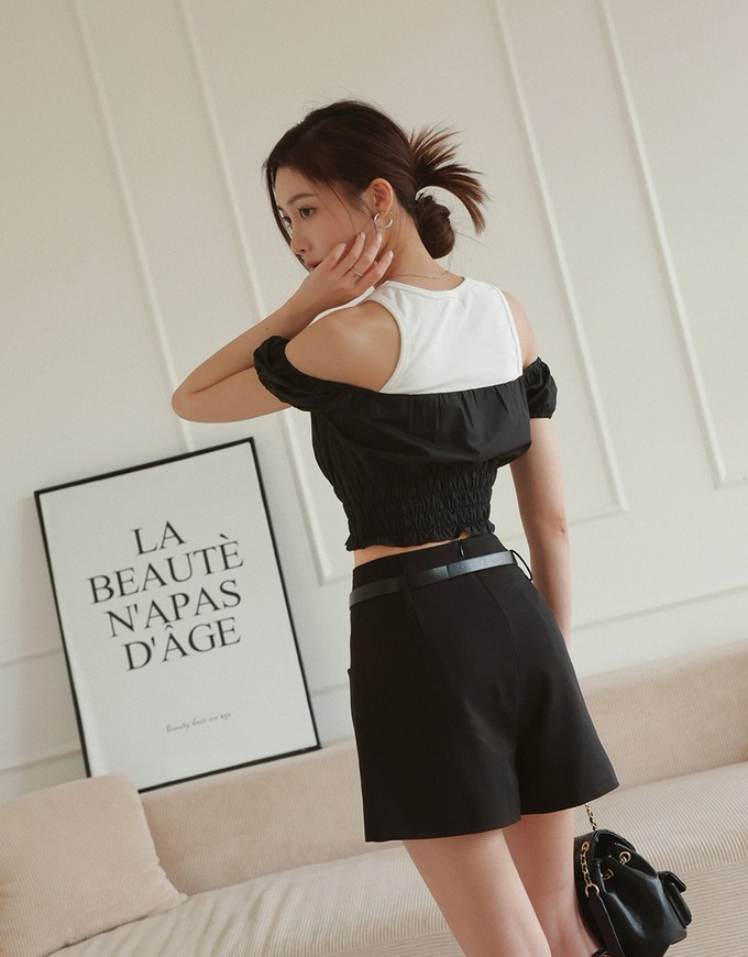 Patchwork Cut Off Shoulder Bubble Sleeve Top