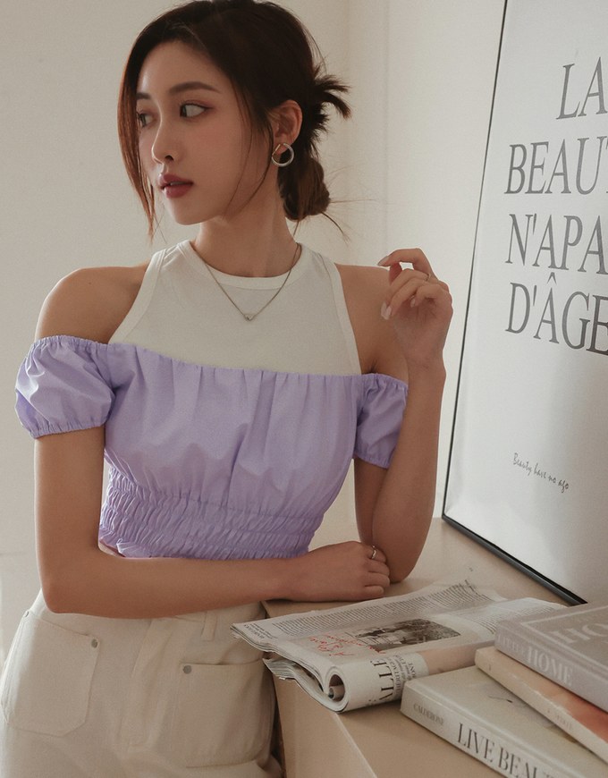 Patchwork Cut Off Shoulder Bubble Sleeve Top