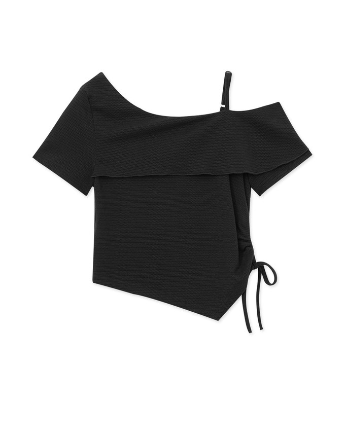Cut Out Shoulder Ruched Ruffle Knit Top