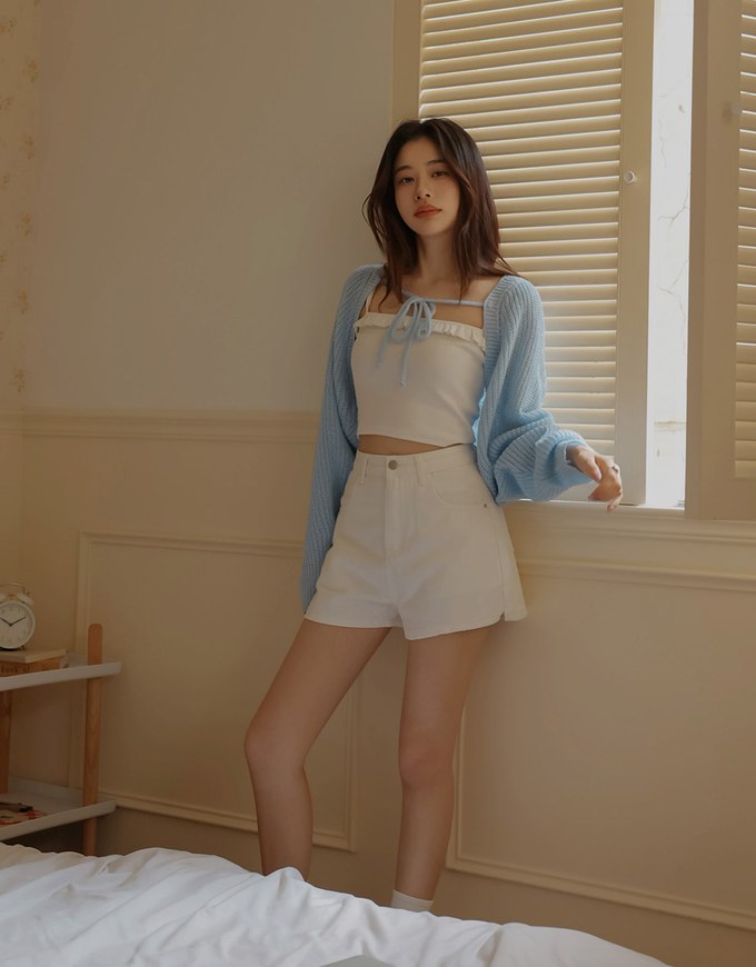 【Den!m LITE】Washed Heart Side Slit Jeans Denim Shorts