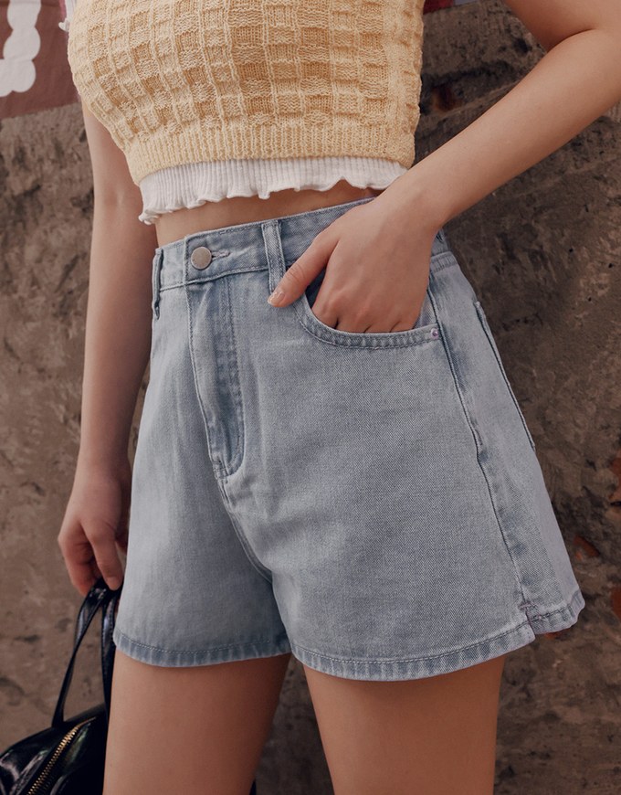 【Den!m LITE】Washed Heart Side Slit Jeans Denim Shorts