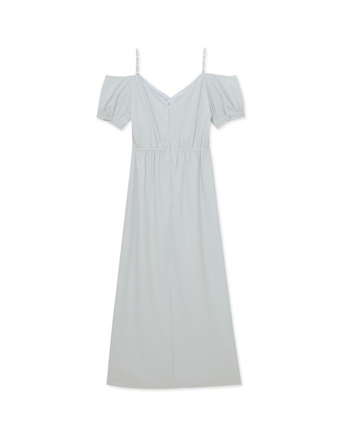 Elegant Pearl Strap Puff Sleeve Maxi Dress