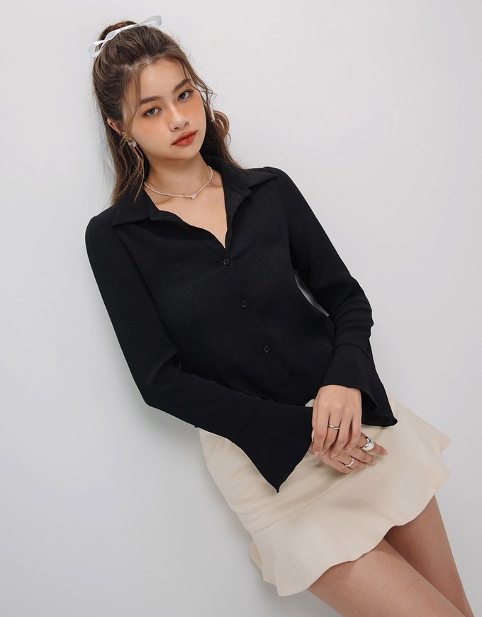 Preppy OL Sheer Blouse With Flare Sleeve