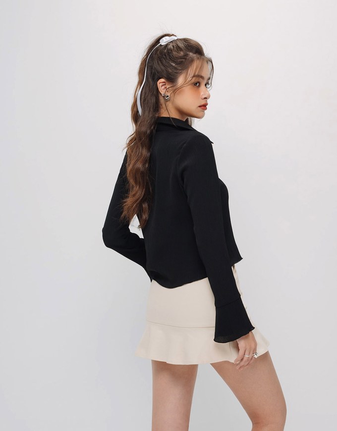 Preppy OL Sheer Blouse With Flare Sleeve