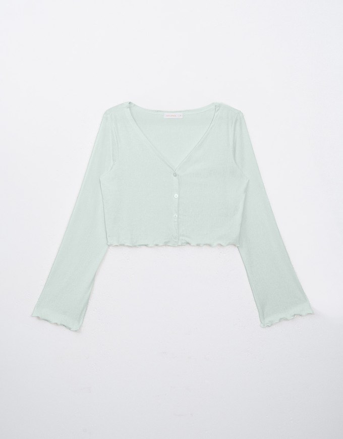 【HXA Design】Embossed Ruffle Trimmed Button Up Top H06