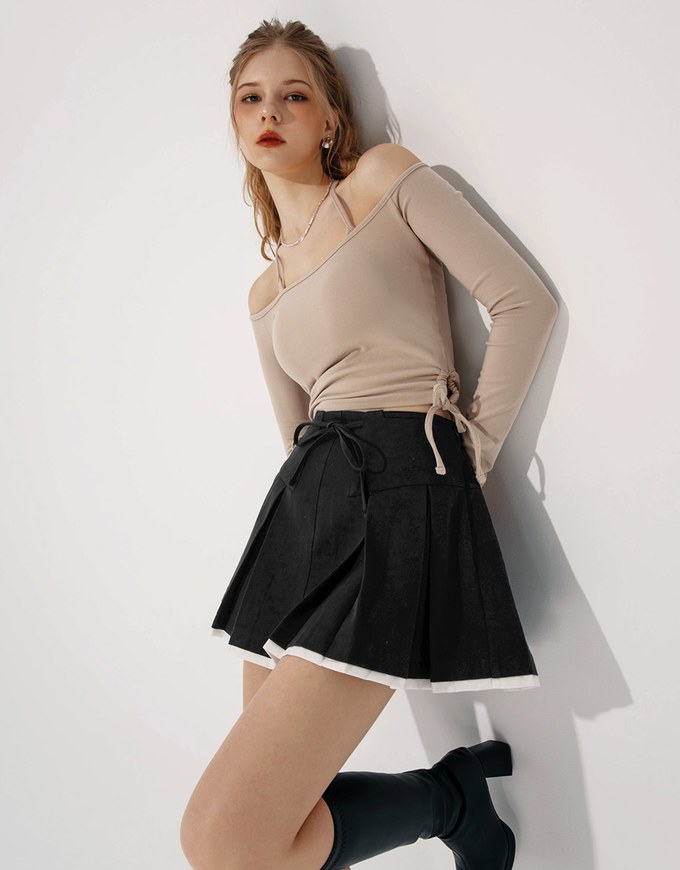 Heavyweight Patchwork Drawstring Pleated Mini Skirt