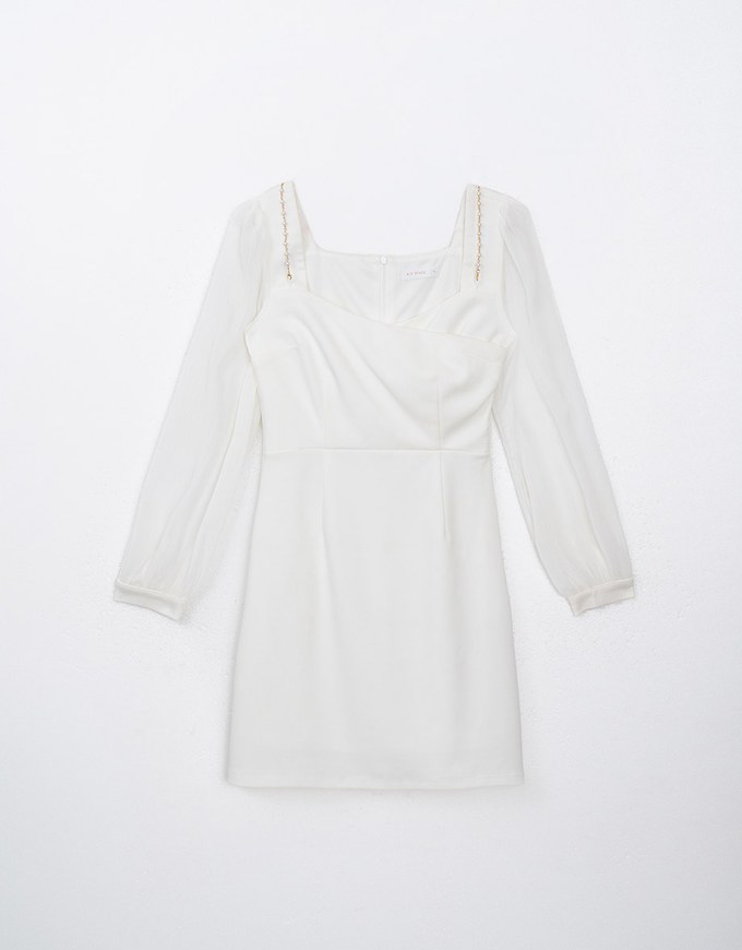 Sheer Mesh Lantern Sleeve Mini Dress With Pearl Chain Strap