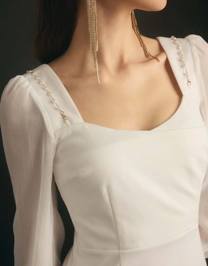 Sheer Mesh Lantern Sleeve Mini Dress With Pearl Chain Strap