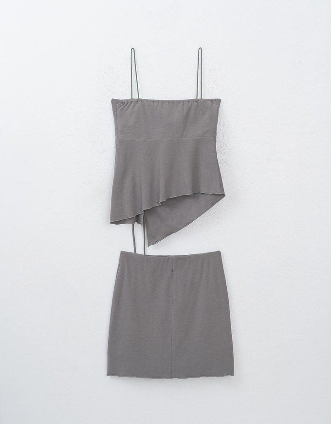 Side Drawstring Silky Cami Padded Top And Solid Color Mini Skirt Set Wear