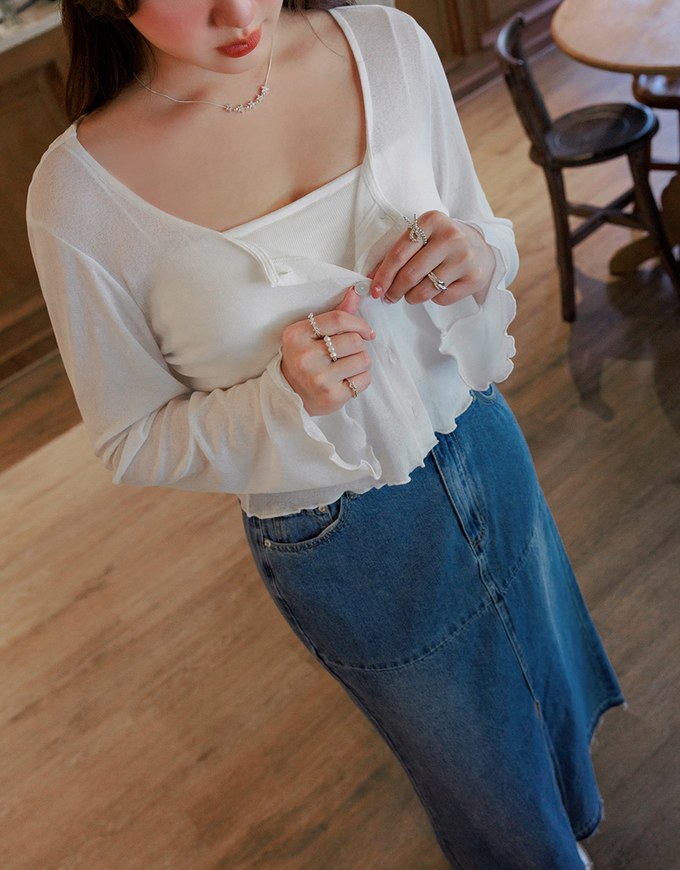 Sheer Ruffled Button Down Top