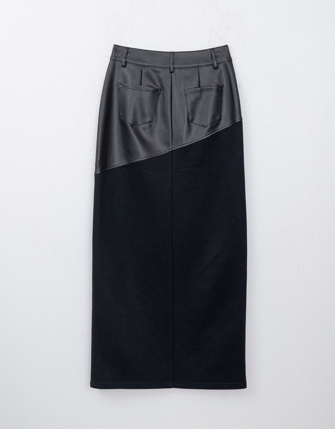 Patchwork Faux Leather Slit High Waist Maxi Skirt