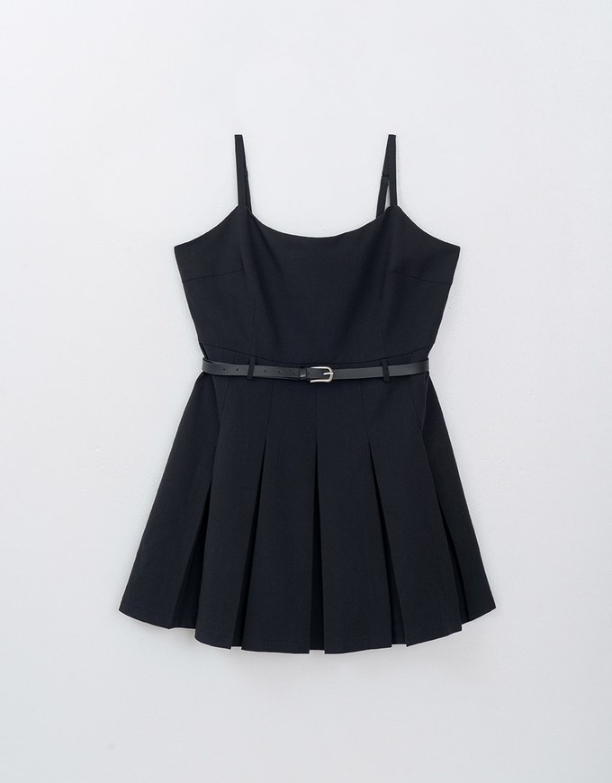 Preppy Style Pleated Cami Mini Dress Made of Suit Fabric (With Belt)