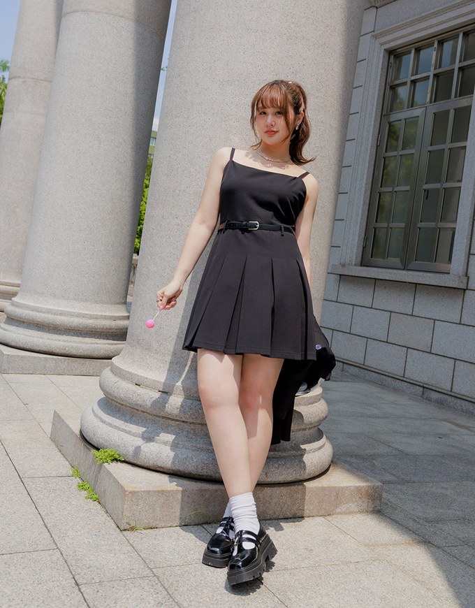 Preppy Style Pleated Cami Mini Dress Made of Suit Fabric (With Belt)