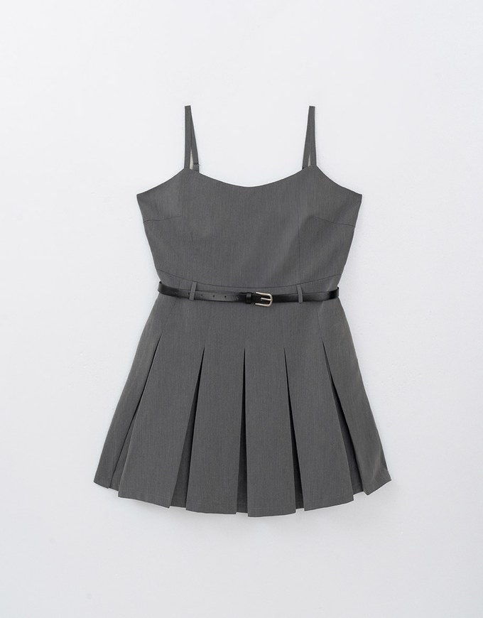 Preppy Style Pleated Cami Mini Dress Made of Suit Fabric (With Belt)