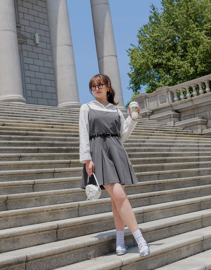 Preppy Style Pleated Cami Mini Dress Made of Suit Fabric (With Belt)